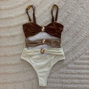 Brown & Cream Colorblock One Piece Swimsuit with Gold Hardware Y2K Style Size S